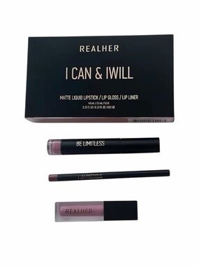 RealHer I Can And I Will Lip Set: Matte Liquid Lipstick/Lip Gloss/Lip Liner NEW